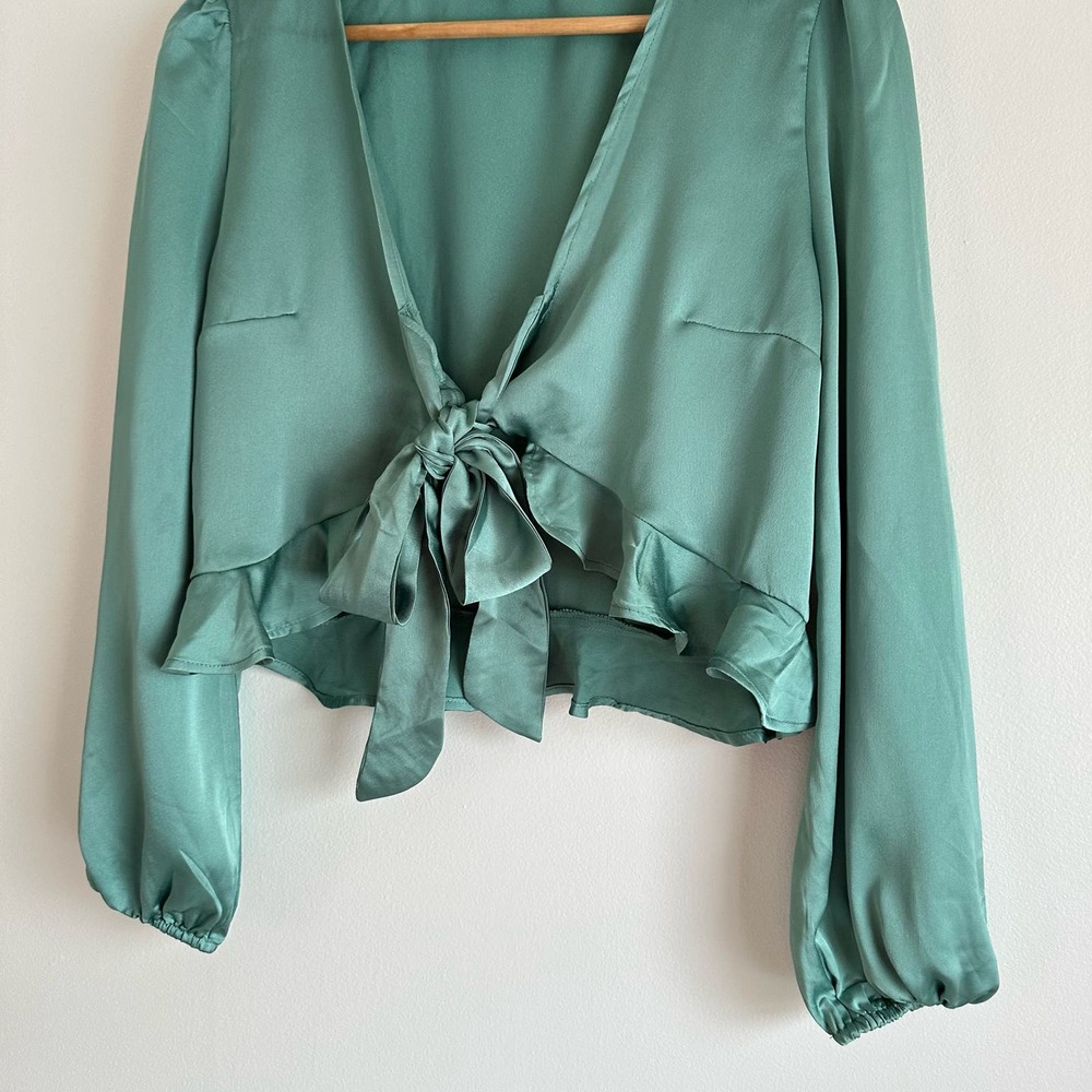 SAGE The Label Tie-Front Balloon Sleeve Ruffle Trim Blouse Green S - Picture 4 of 8